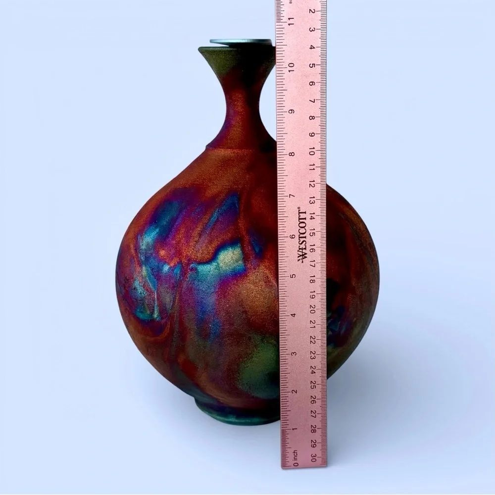 Raku Vase‎ Stunning Iridescent Colors 10-1/2” Tall Artist Signed & Numbered - Picture 8 of 11